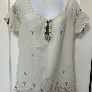 Chaudry KC Women's 100% Cotton Embroidered Bohemian Ivory/Olive Shirt, size L